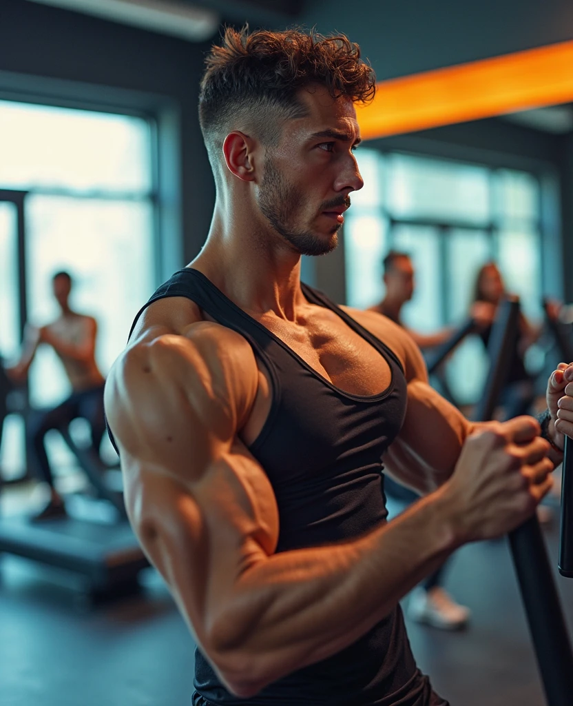 Image of a muscular man performing triceps pulley, with emphasis on triceps, in a modern gym with vibrant background. The expression of effort must be visible, highlighting the muscle definition of the triceps. Vibrant colors and dramatic lighting to highlight muscles.