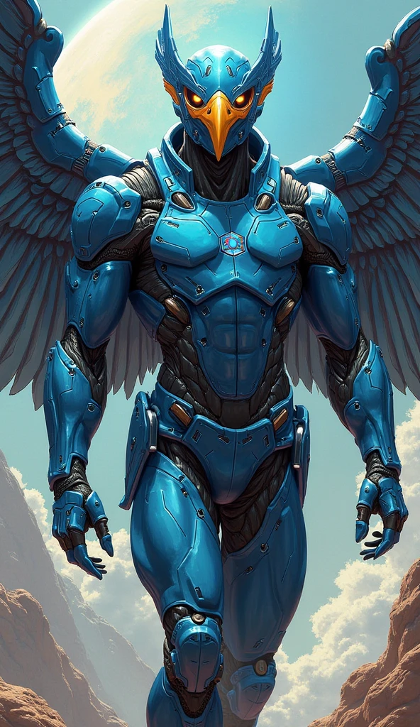 illustration a handsome man, face portrait, human-machine fusion, movie lights, Biomechanical cyberpunk, futurist cyborg emperor, Add lightsource to front, ray tracing, epic lighting, ((mechanical wings)), mechanical parts, mechanical futuristic armor, angelic light, (beard), large pectorals, puffy nipples, futuristic factory background, (mouth open:0.5), realistic, cinematic, best quality, detailed background, depth of field, intricate details, dynamic pose, dynamic angle