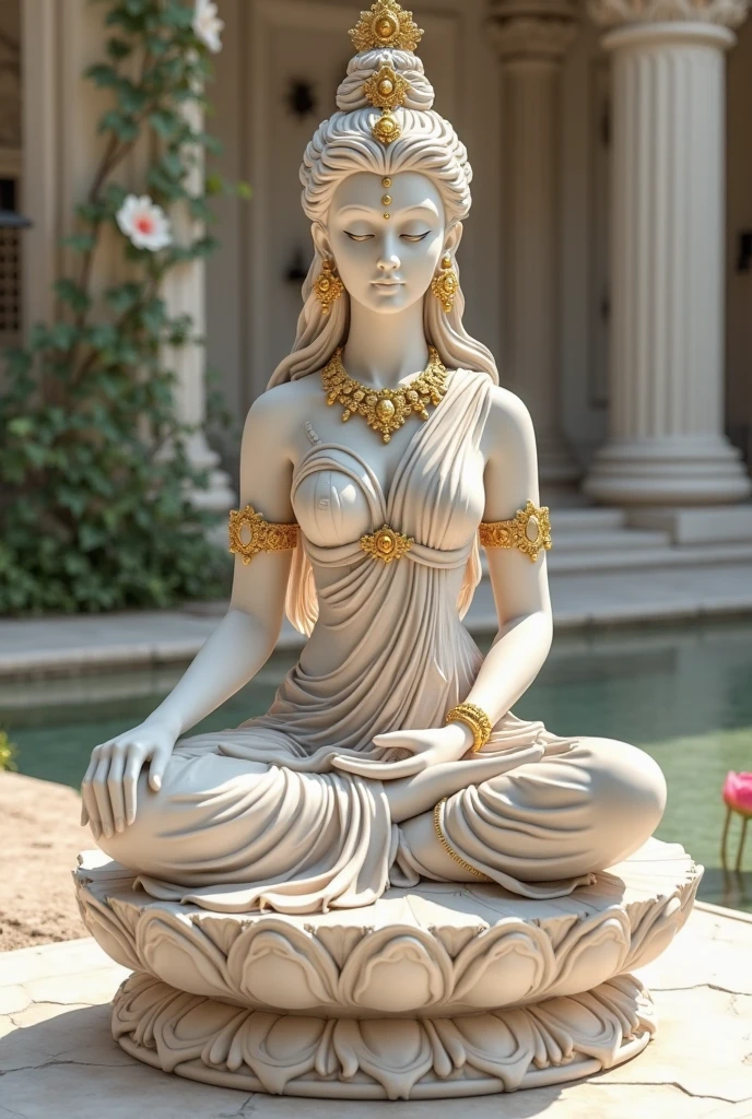 1 white marble statue of goddess Saraswati with golden ornaments