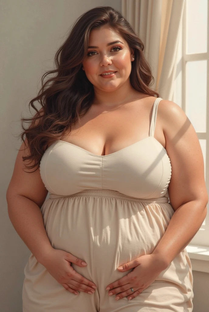 surreal, fat, huge boobs, milf, brunette, cat ears, sundress, mole on right cheek, front view, white background
