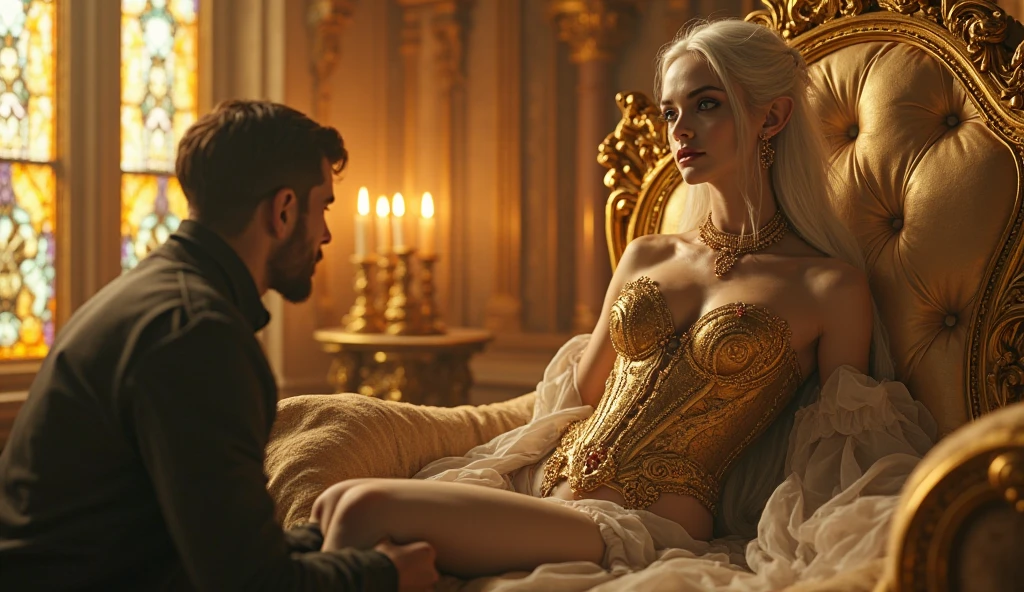 (masterpiece, 8K, UHD, RAW), A sexy blonde girl kissing a evil vampire in bed, (((a beautiful young woman riding on top of one huge horrific vampire))), (she rides the male vampire with lustful femininity), her beautiful body is covered by a sheer translucent white lace bra with Art Nouveau embroidery, big sexy perky breasts, her pristine delicate features contrasts with the horrendous menacing fangs of the corrupted male vampire, full body vibrant illustrations, intricately sculpted, realistic hyper-detailed portraits, queencore, depicts real life, the scene happens in a luxurious Art Nouveau boudoir with studio illumination, red and teal silk satin