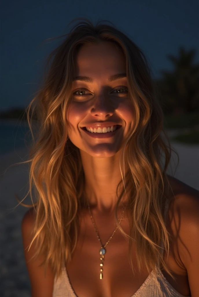 Portrait of a beautiful Bianca Salming (1:1.5), in a cute bikini, smiling, cleavage, (high detail skin:1.2), 8K UHD, Digital SLR, Soft lighting, High quality, filmgrain, Fujifilm XT3, perfect figure, (beautiful woman:1.4), ((wavy hair)), RAW photo, rim lighting, dim lighting, perfect anatomy, anatomically correct, perfection proportions.