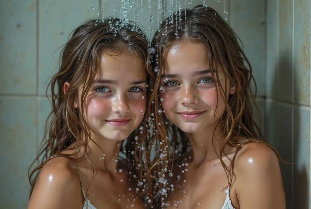 two girls, two cute small girls, 12 yo, (at shower), smiling, washing each other, purple hair, 8k, detailed eyes, RAW photos, very small and flat chest, (high quality), (masterpiece), (realistic), perfect face, pussy