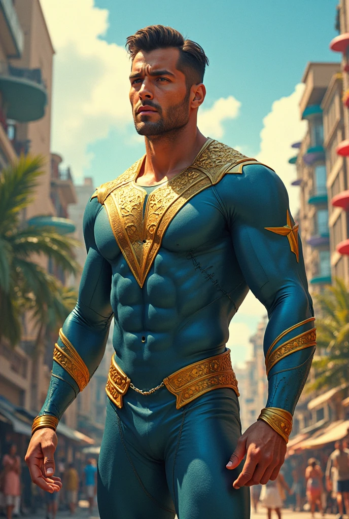 Dressed as the superhero “Mental Mind” a very handsome, sweet and truly massive monster Caucasian bodybuilder is showing off his huge bicep muscles and meaty thighs. Intense young adult. brown hair, powerfully muscled, massive shoulders and biceps. well-defined six pack. Thick gold necklace. Eye mask and cape. Big bulge in crotch. Eyes glowing blue from his psychic powers