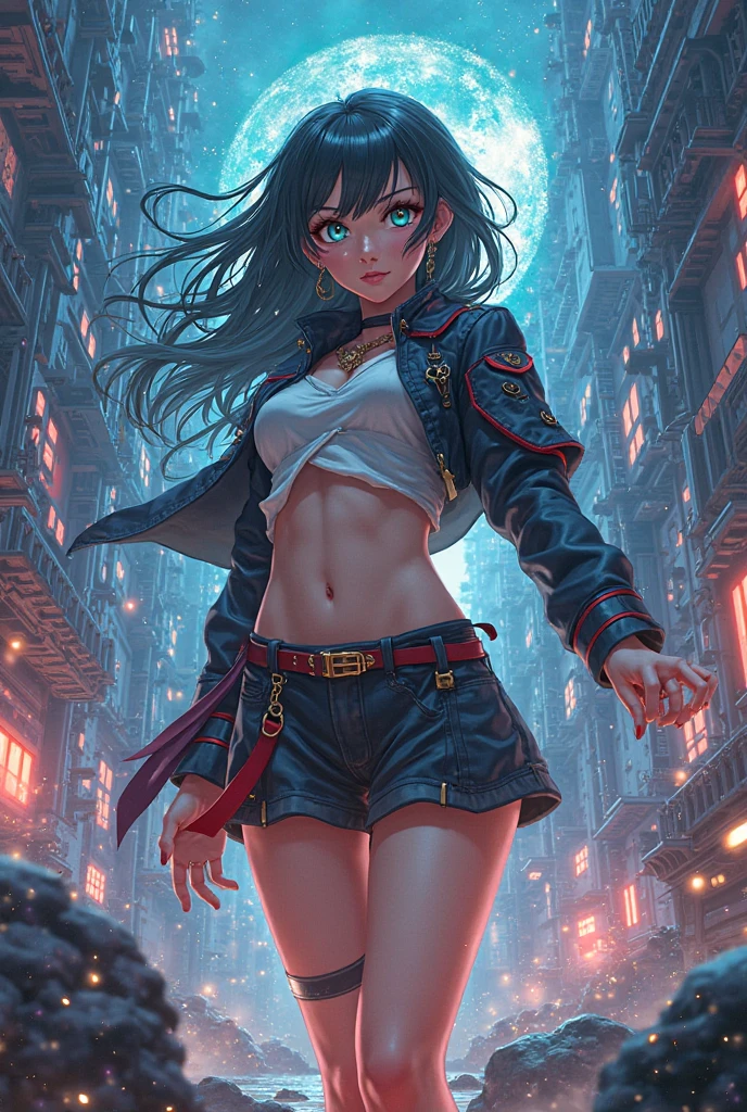 masterpiece, best quality, <lora:Nevin:0.8>  1 girl, wearing edgHarness, nevin, black hair, red eyes, makeup, leather harness, navel, <lora:kEighties_pruned:1> Eighties, sunset, cityscape, palm tree, <lora:edgHarnessExpressv1:.9>