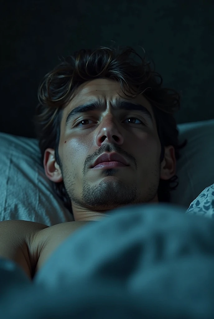A shocking image of an exhausted young man, wrinkled, perspiring, wearing no shirt, is in desperation seeking success, looking straight ahead, expression frustrated by seeking success and not achieving it, in the background a television with the Netflix logo, bottle of whiskey around and a bed with a naked prostitute lying on it, symbolizing the distractions that prevent you from achieving success, Cinematic realistic illustration.