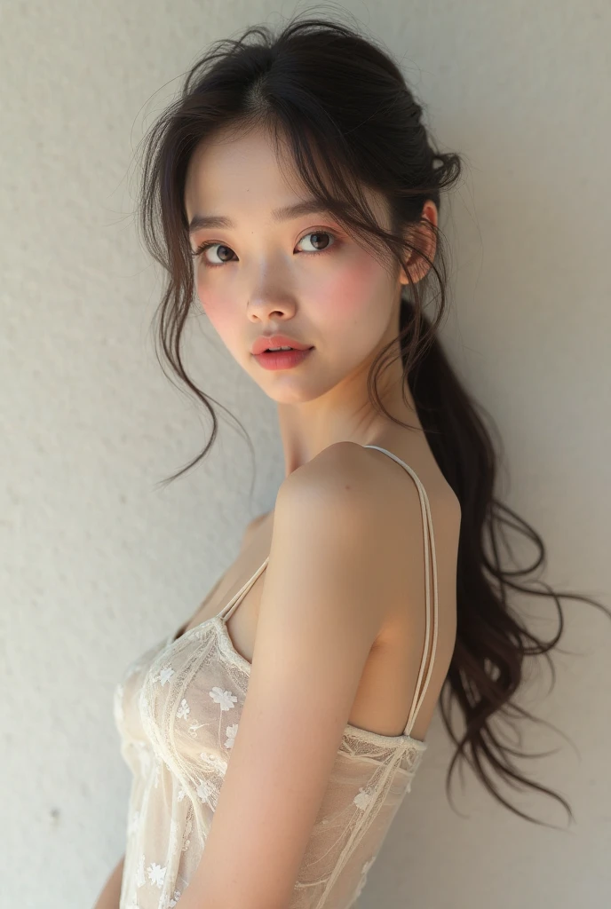 (Best quality, High resolution, Masterpiece :1.3), A pretty woman, Ulzzang girl, Slender figure beauty, Dark brown hair styled in loose waves, (White pale skin), Wearing camisole and shorts, Outdoor with low light and backlit, Details exquisitely rendered in the face and skin texture, Eyes with detailed pupils, Double eyelid