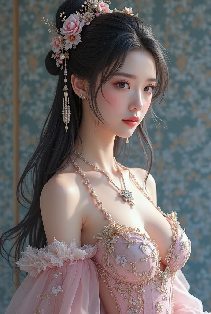 (Highest quality, masterpiece:1.2), Realistic, Ultra-high resolution, Front lighting, Intricate details, Exquisite detail and texture, One Woman, Facial highlights, Upper Body, Detailed face, Teardrop Mole, White skin, 女god, Pink, Fantasy, god々Shii, Hands together, Pink背景,