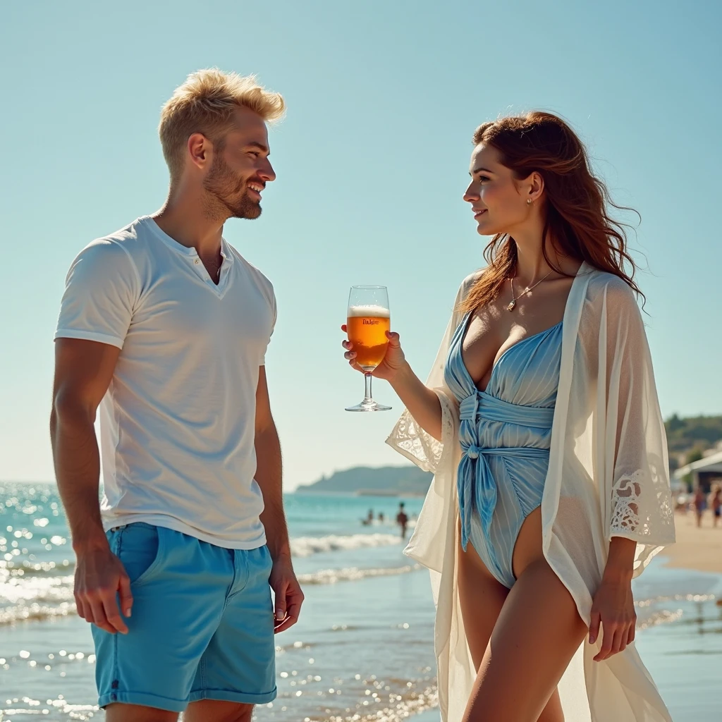 ultra realistic, photography, ong black straight hair, 30 years old, hourglass figure, perfect fit body, natural big breasts, she is wearing a hot tight too small bikini, sitting at a beach bar, perfect round cleavage, next to her is a handsome man with brown short hair at the beach in his swimwear, he has a big bulge visible in his trunks