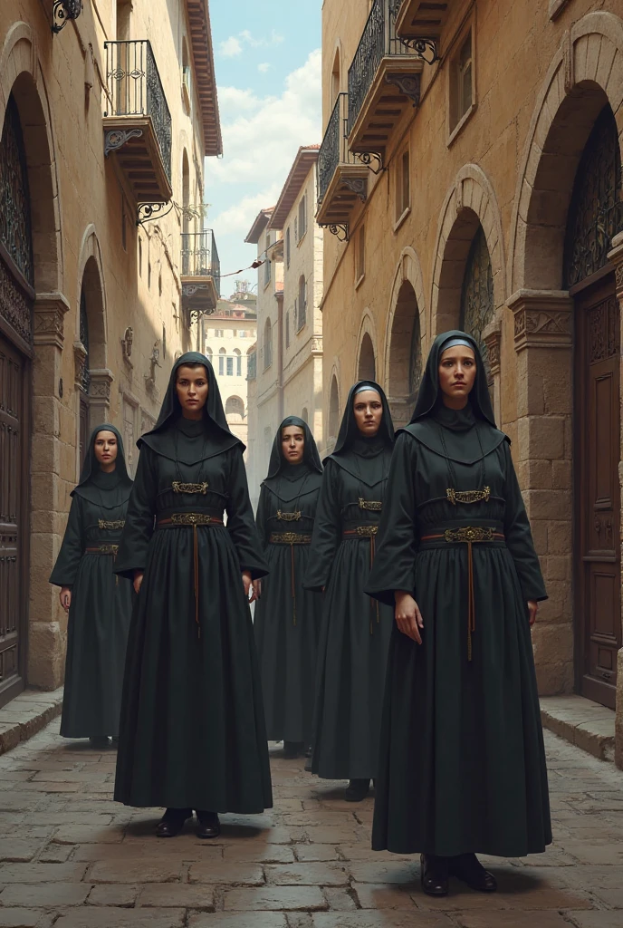 there are three women dressed in medieval clothing standing next to each other, female, video game cutscene, cutscene, cutscene footage, flowing robes and leather armor, ps 3 screenshot, cgi cutscene, corvo attano