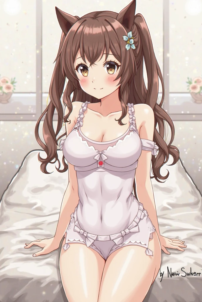 masterpiece, beautiful illustrations, highest quality, pretty girl, 1girl, Bedroom, pastel colour, (two-separated lingerie), cute lingerie, reddish brown long hair, headband, bright lighting, presenting, looking at viewer, on bed