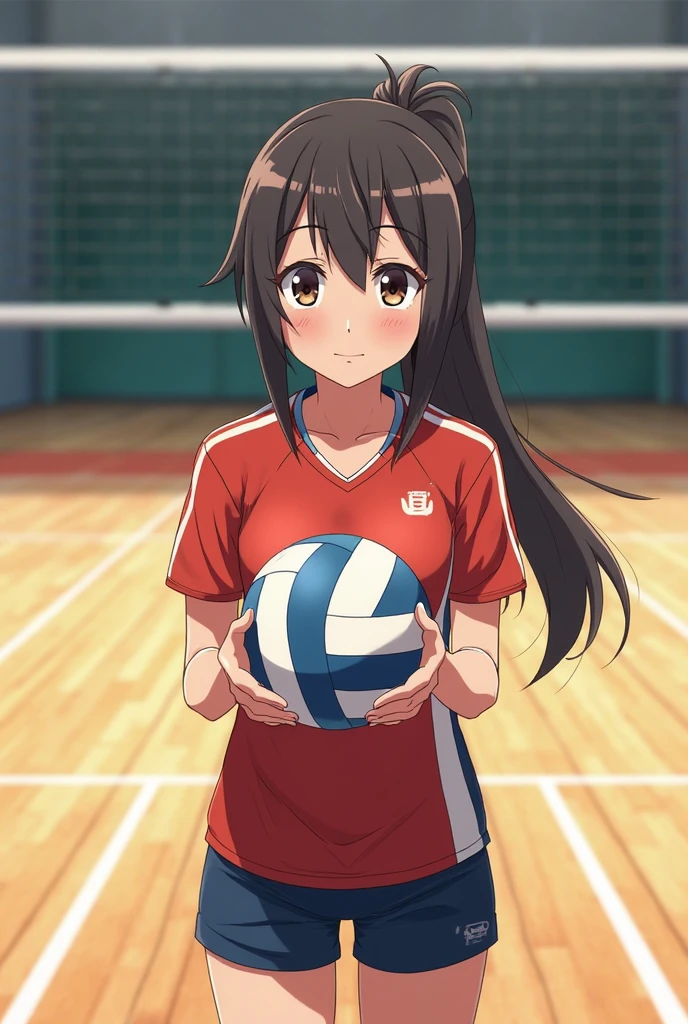 masterpiece, best quality, 8k, anime art style, Kirasaka Sayaka, Dark brown hair, ponytail, hair ribbon, (Volleyball wear, bloomers, gym), looking at the viewer, green eyes, light in the eyes, (big breasts: 0.7), cowboy shot