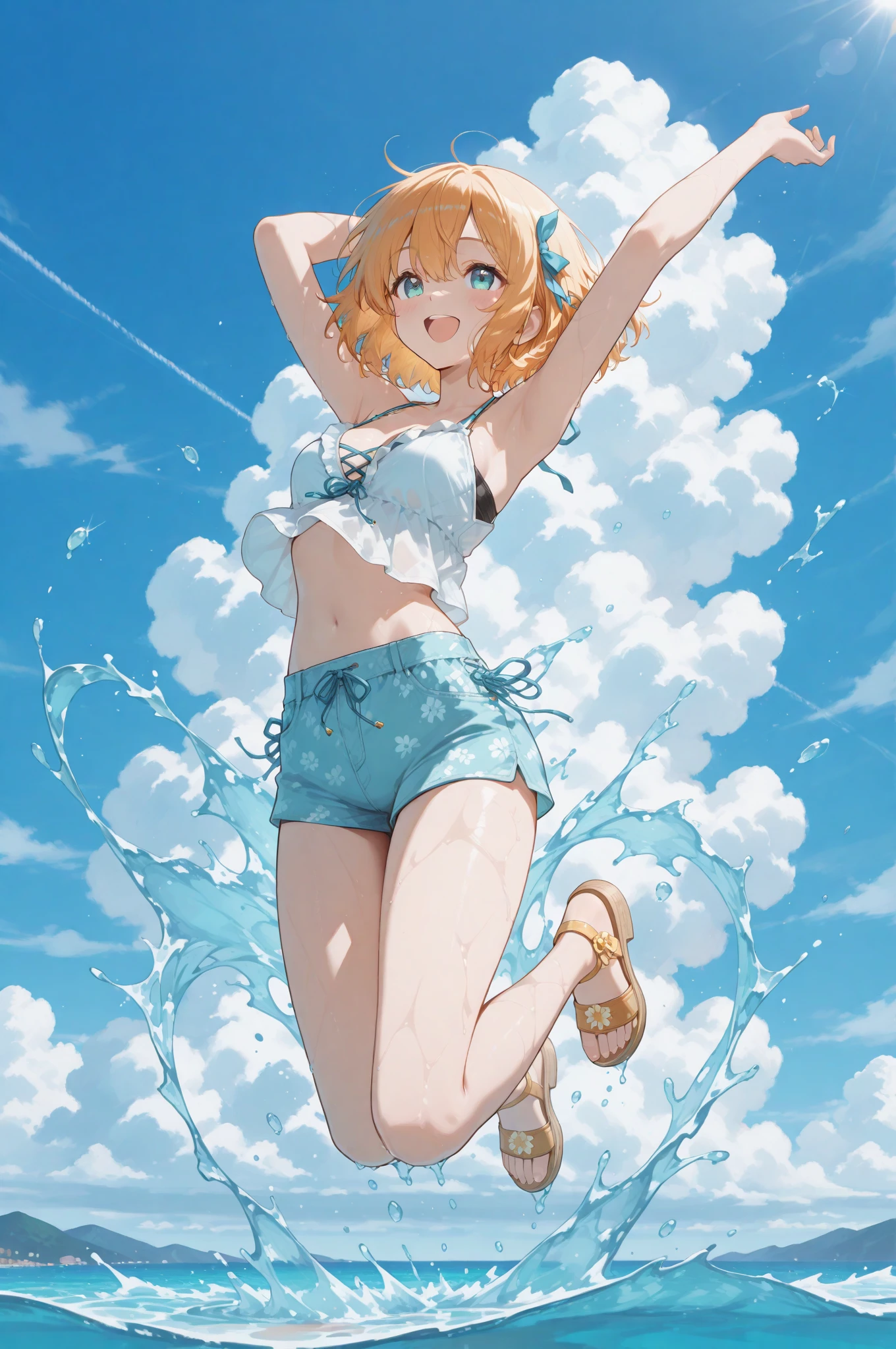 ((work of art, best qualityer)), 精致的面容,Kizi,all-body,Standing photo,perfect body proportions,gorgeous eyes,FantasyStyle,extremely pretty,transparentes,clouds,water ripples,transparentes,fun、May,lace,star decoration