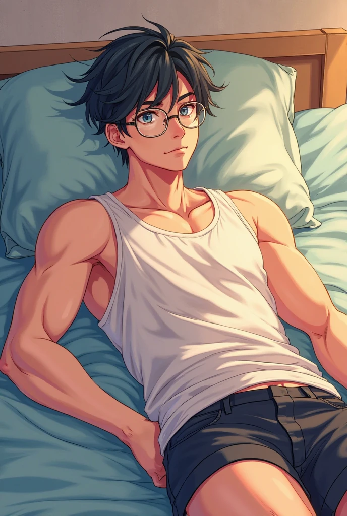 Male,5'8,glasses,light skin,green eyes,messy black hair,wearing swinwear defined body, shirtless, abs, big legs, white empty room, lying on the sofa,not to muscular 