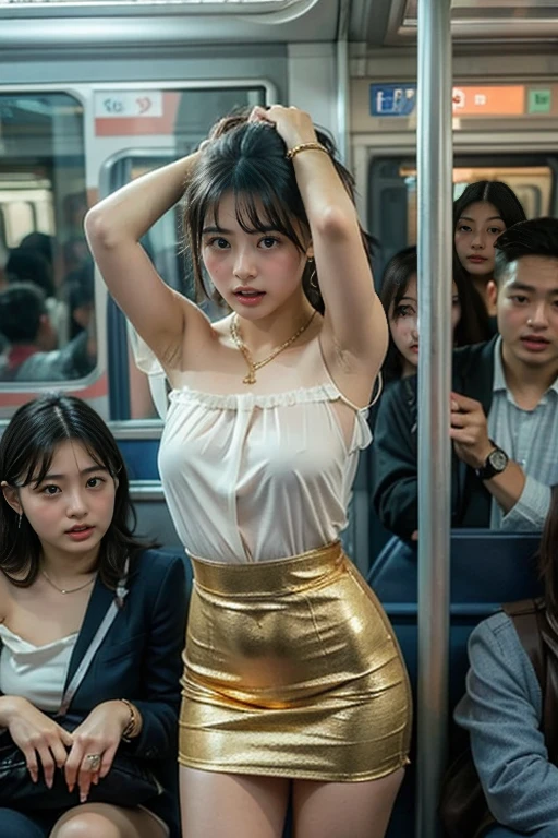 Realistic, Surreal, Cinema Lighting, 32K, look up, Backlight, (Bright light:1.2), (Improvement of quality:1.4), (Highest quality Realistic textured skins:1.4), Matte texture、In a crowded train、1Doll Mannequin、主役はモード系のDoll Mannequin、The main character is a dressed mannequin、The main character is faceless、There are lots of naked black dolls nearby..、