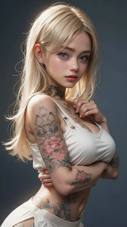 ((Best Quality)), ((Masterpiece)), (Detailed: 1.4), 8k, (((1girl))), very big chest, slim waist, short blonde hair, ((yellow eyes)), eyes detailed, ((bright eyes)), big, muscular, extremely defined body, ((red babylook shirt)), sexy microshorts, serious look, necklace, rose tattooed on arm, background of a bar extremely detailed