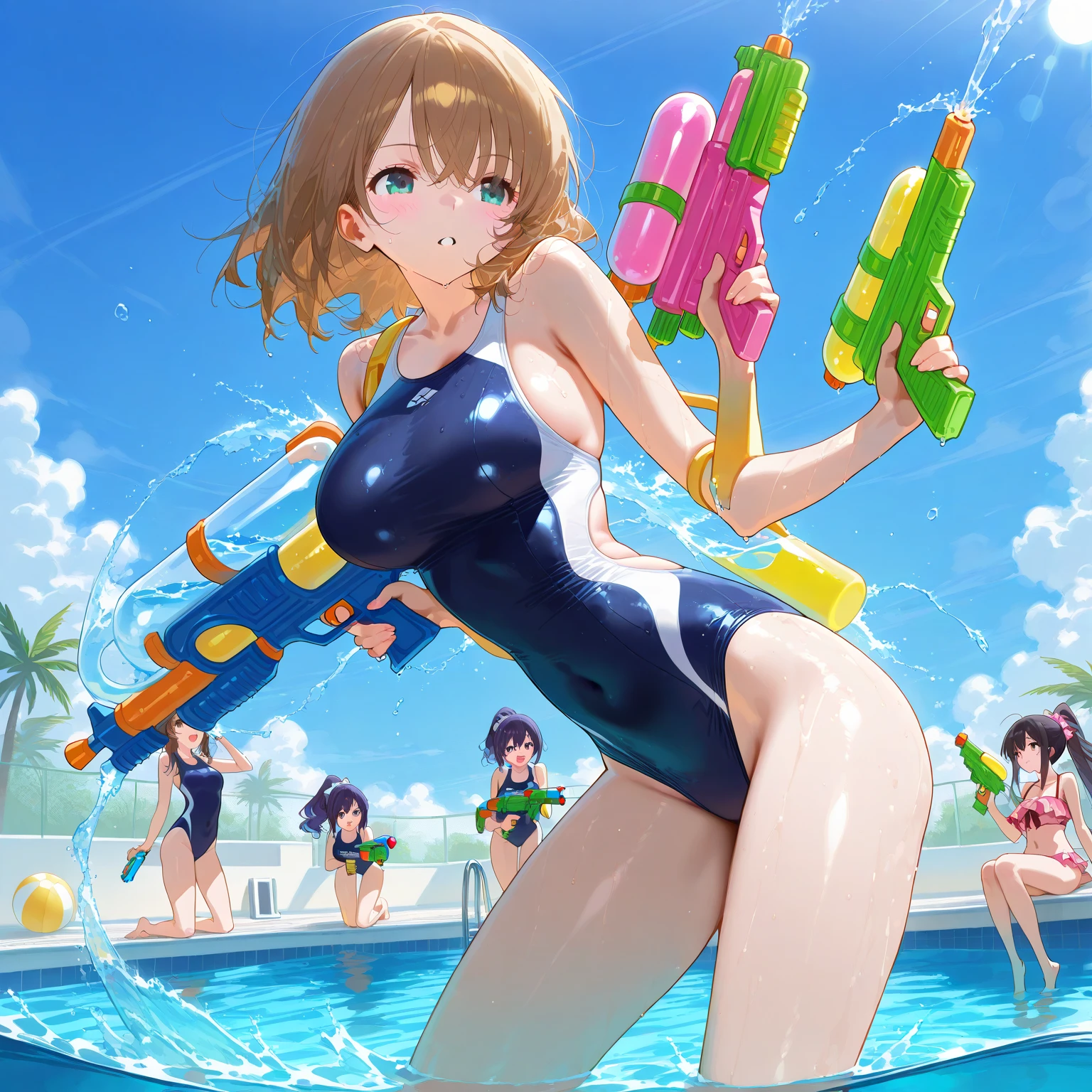 Highest quality、masterpiece、beautiful、detailed、Year: 12、Black hair twin-tailed female elementary school student、beach、Pouring sunlight、Dynamic pose、Spraying water with a water gun、Angle from below、smile、Slim figure、Soaking wet、erectile nipples、open vagina、pussy