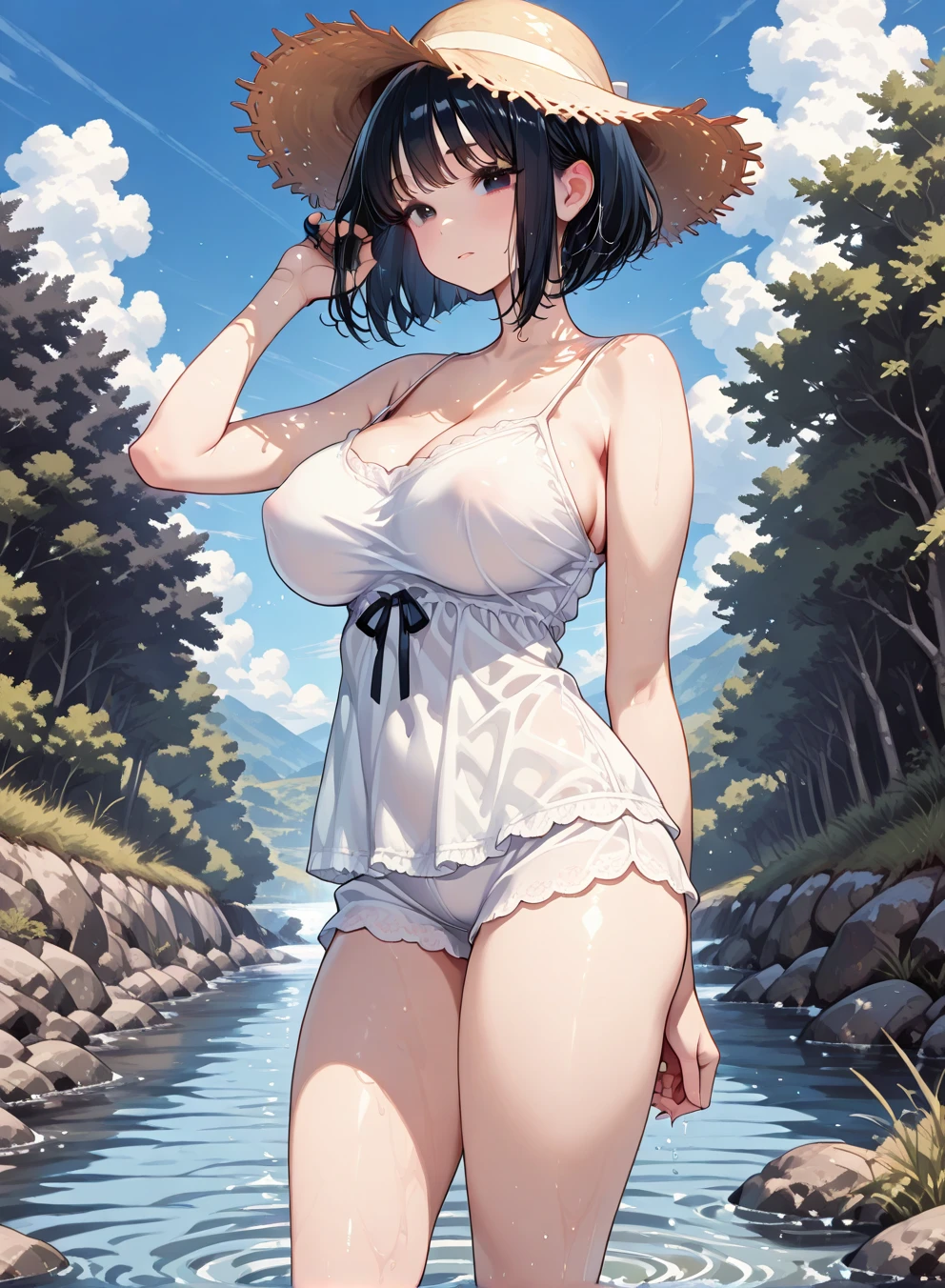 absurd、High resolution、(masterpiece)、best quality、(perfect anatomy)、very detailed, anime illustration, 

(Depth of the bounds written)、Bokeh, 
(upon, Chiquita), big breasts, short hair, 
1 girl, sarashina_hand, 

white dress, straw fedora hat, 
river, 

smile,