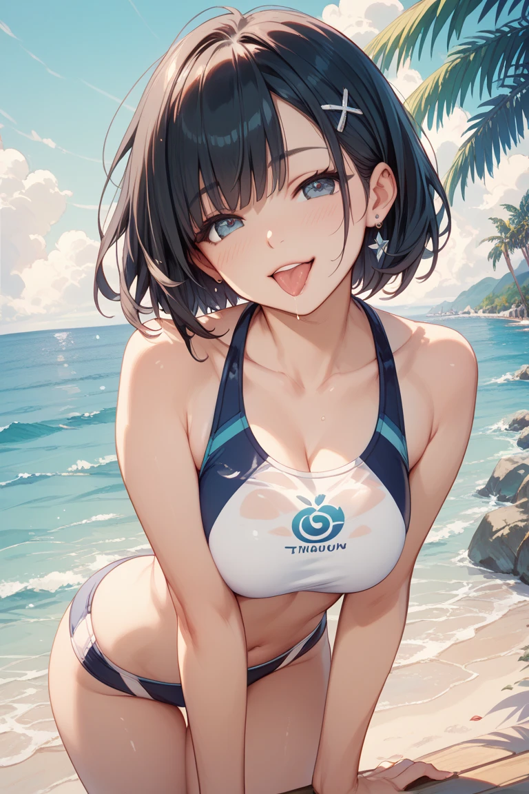 Ocean、summer、Swimwear、２People Girls、Large Breasts、cute、smile、fun、Swim ring、water droplets