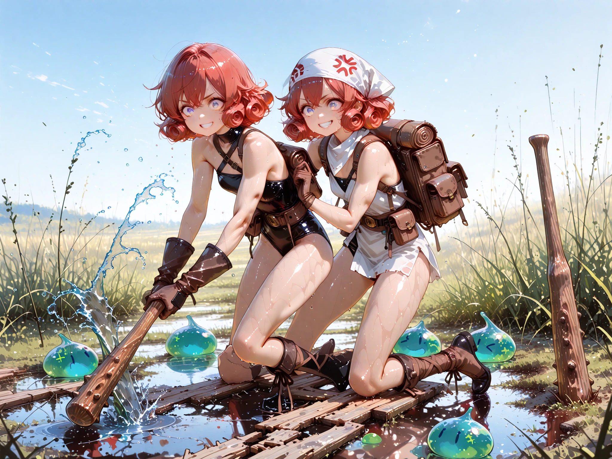 some pretty anime characters fighting over pouch of water with one another over the top of them a desert sandy sun blushing lewd face while wearing very tight boots micro bikini