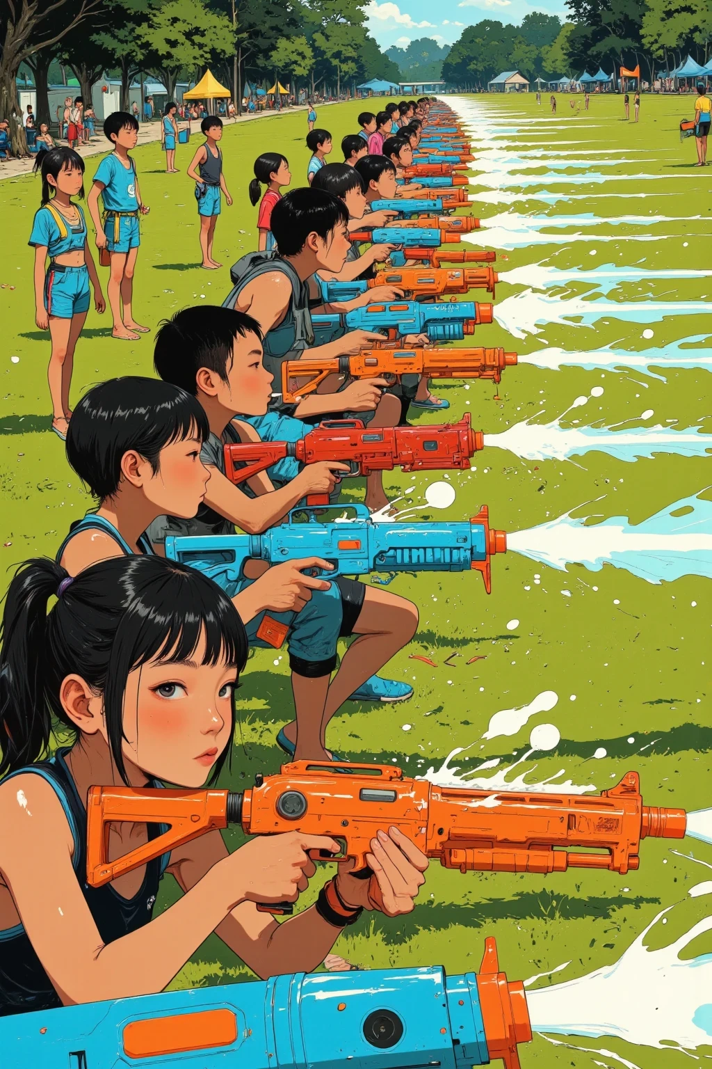 anime style, wide-angle shot, a line of elementary school children in colorful sporty swimsuits standing shoulder to shoulder in a horizontal formation like a Civil War infantry line, all aiming brightly colored water guns forward in unison, mid-action as they unleash a synchronized barrage of water, energetic facial expressions filled with focus and excitement, water splashes flying everywhere, sunlight glinting off droplets, summer battlefield vibes with playful tension, grassy field and inflatable bunkers in the background, high detail, dynamic composition, best quality, masterpiece