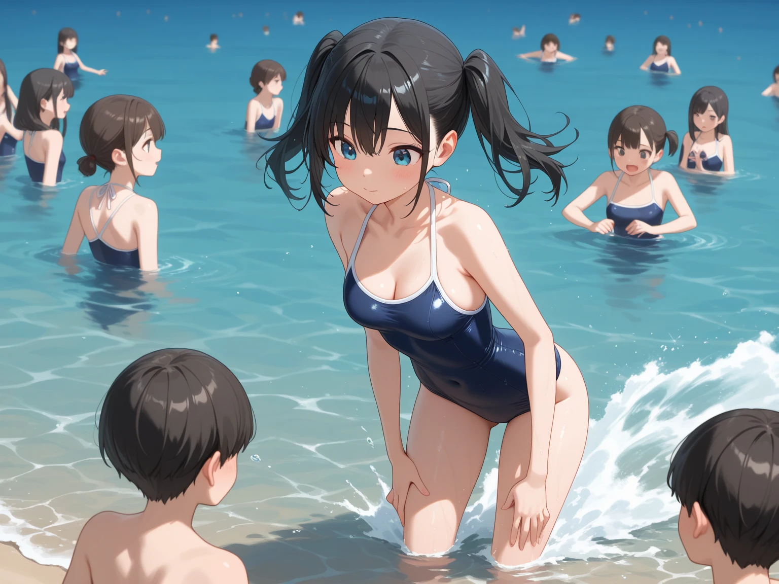 ((Crowd of happy beautiful legs nudist ))、((Naked)) lifting in line, group selfie,From above、Nude swimming Waiting to start,Ponytail