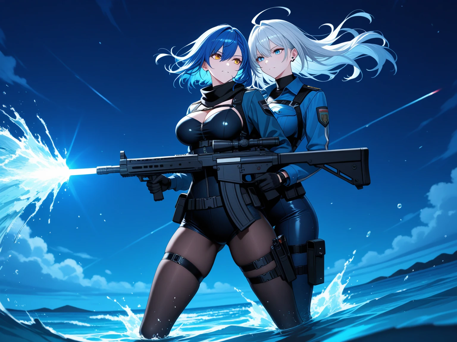 NSFM1.9、
Highest quality、masterpiece、Arc Records characters Ariel、Wearing black pants、I can see her thighs、The belly button is visible、Wearing a black leather jacket、One Girl、Blue Hair、long hair、Holding a gun in his right hand、Looking Back、Left facing、