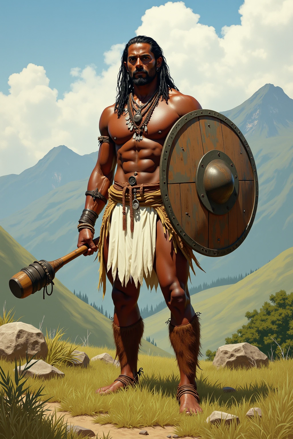 Strong black man, face rich in detail, full body image, wears red necklaces, is holding a Double Bit Ax in each hand, is shirtless and in ancient red robes, bare feet, wears bracelets, is in a quarry with fire behind and a lion behind.