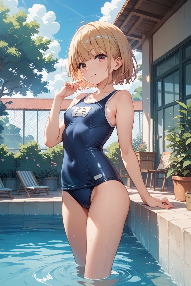 hiquality、top-quality、Full limbs、The ultra -The high-definition、Long、Shining eyes、complete fingers、Slender beauty、ssmile、Wearing a shiny white school swimsuit、shinny skin、knee high、girl's cute room、Dramatic Writing