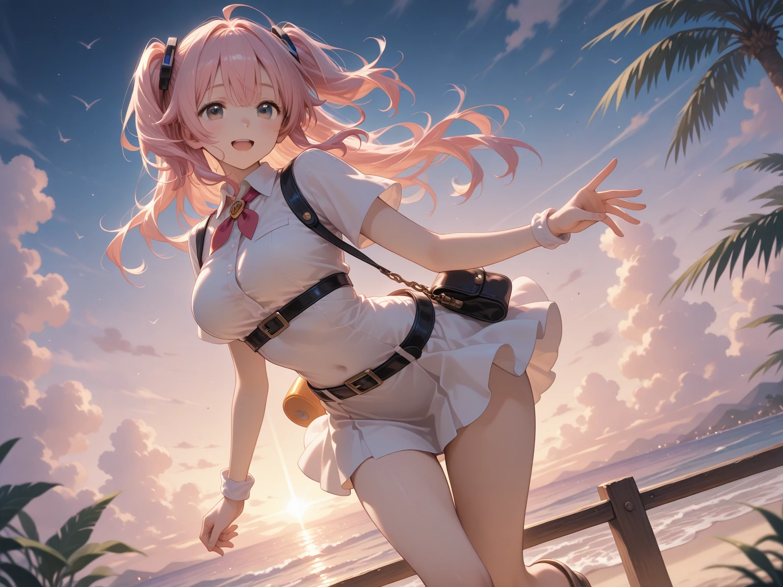 beautiful illustration、top-quality、Cute s、bedroom、pink-haired、lenght hair, red color eyes、(((pink pleated skirt))、(((white sailor suit)))、shortsleeves、a navel、bare-legged、on the beds、lovely thighs、glowing thigh, 1girl, bangs, biting, blush, covered navel, eyeshadow, hair behind head, hand on hip, smile, long hair, looking at viewer, makeup, pilot suit, red eyeshadow, science fiction, skin tight, solo, ((masterpiece)),camel toe, (breast:0.6), 8k, (thick thighs:1.3), beautiful, trap, futa, zero two, small horns