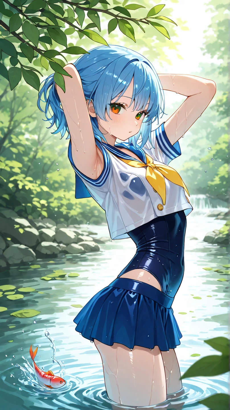Cornflower art, dreamy, (masterpiece, top quality, perfect anatomy, beautiful face, realistic, super detailed, 1 girl, 18 ears senile, solo, depth of field, canon 24mm lens, f1.4, cute_girl, sailor_ collar, clear facial features, short sleeves, small breasts, slender stature, height 170, barefoot, double ponytail, bangs, gravure pose, outdoor, jungle, Blurred background, (Uwabaki: 1.1576)) Drenched all over body, clear liquid dripping from the crotch, the front of the shirt is exposed, the breasts are visible, transparent bra, light blue striped buns, nrfw,