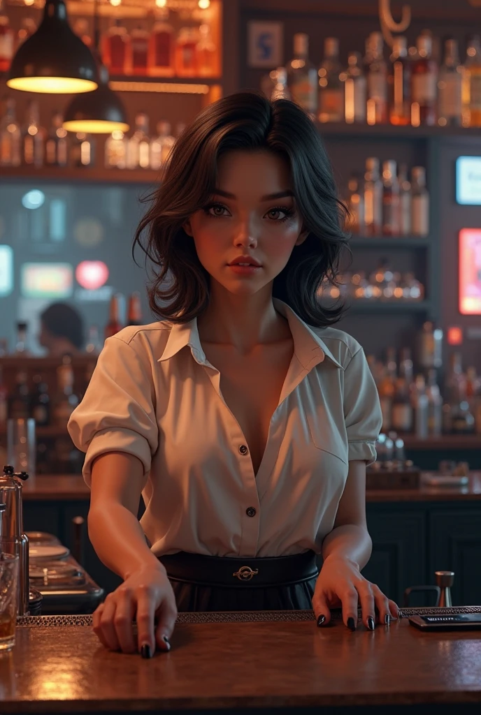 Merger_nymph_rinssa,
(working in a dark atmospheric bar, working behind the bar, pulling pints, bar, dark wood bar, atmospheric, wearing a shirt and tie and skirt:1.2),
bokeh, f1.4, 40mm, photorealistic, raw, 8k, textured skin, skin pores, intricate details <lora:epi_noiseoffset2:1>, epiCRealism