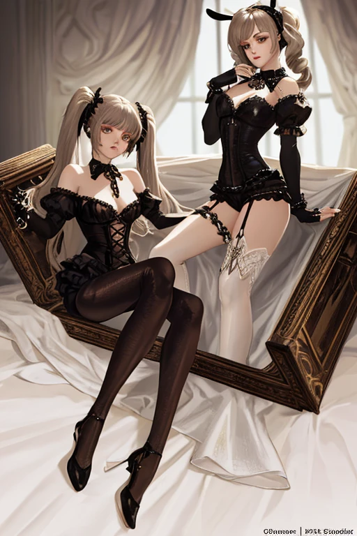 In a delicately arranged setting, a young teenagegirl stands elegantly, dressed in sophisticated lingerie. Her outfit consists of sumptuous black lace that gracefully highlights her curves, adding a touch of mystery and sensuality. The garter belts, adorned with fine embroidery, hold up silk stockings, completing an ensemble that is both chic and daring.
She is small and slender and fine, she has really small breast, little breast, litlle chest, little tits, she has beautifully shaped hips. Her blonde hair frames her face, accentuating her sparkling blue eyes. She poses confidently in this refined environment, one hand delicately resting on her hip while the other lightly touches a strand of her perfectly styled hair. The decor around her is equally meticulous, with subtle elements that enhance the luxurious atmosphere of the scene: a four-poster bed, satin drapes, and soft lighting that highlights every detail.
The expression on her face is both confident and enigmatic, a slight smile playing on her lips. She embodies elegance and sensuality, capturing the gaze and imagination of those who behold her.