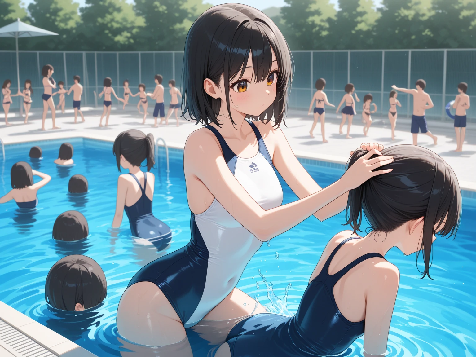 {{{Best quality}}}, {{Very detailed}}, {Illustration}, {{Very delicate and beautiful}}, ((Public pool (poolside)))), Swimsuit (school swimsuit) ), (sex between men and women), NSFW, semen, love juice, girl (5 years old, bare feet), small breasts, round face, girl, (child: 1.25), (baby face: 1.2), short limbs, crying face, drooling, urination, puni , anal juice, a girl lying face down on a rubber boat is attacked by multiple men and her clothes are torn, {{{((inserts a super thick penis into the girl's pussy, inserts a super thick vibrator in the girl's anus)) }}}, side view,
