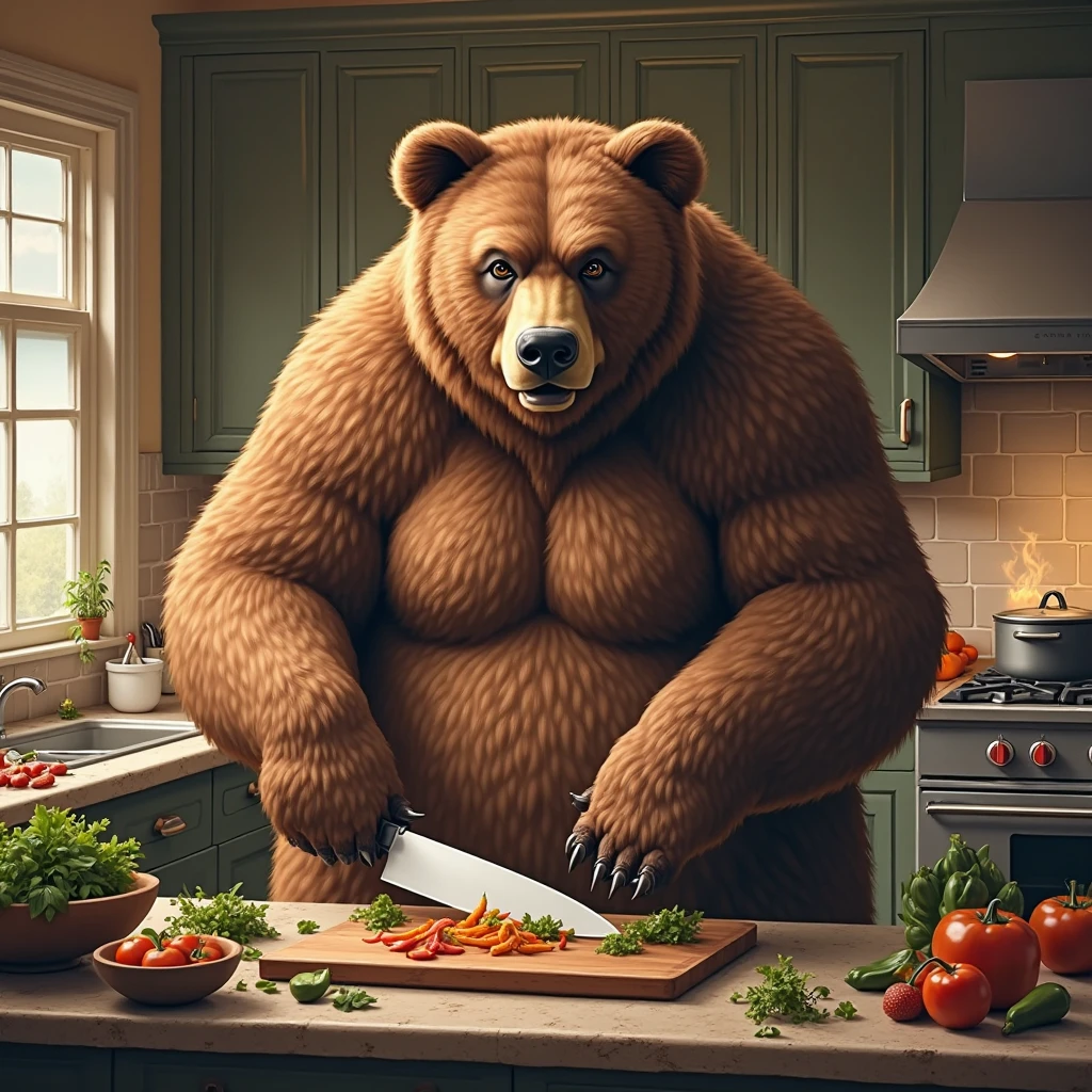 a grizzly bear in kitchen, eating burgers at fridge, brown fur, muscles, highly detailed, 8K, solo, male, full body, two-tone fur, back turned posing