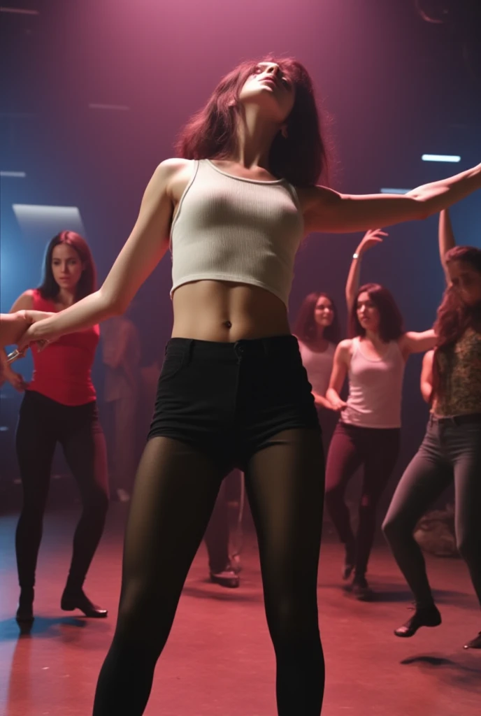 photo of a (slim thick) woman dancing on the dancefloor, smiling and dancing, nice ass, wide hips, slim waist, dim club background, high resolution, dramatic cinematic lighting