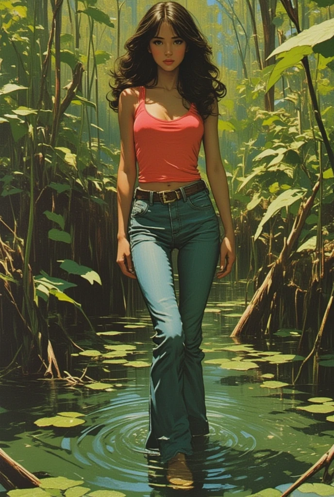 (Gates McFadden, de-age to approximately 18, youthful appearance,youthful,energetic,natural beauty,alluring:1.1,beautiful detailed eyes,beautiful detailed lips,extremely detailed eyes and face:1.1,longeyelashes:1.1),in a(serene,tranquil,picturesque)garden,(string bikini:1.1,skimpy bikini,scanty swimwear)clinging to her exquisite figure,casting a seductive glance as she fishes delicately in a shallow stream(twirling her hair flirtatiously),her graceful movements and tempting allure making the act look irresistibly sexy,(rippling sunlight filtering through the trees,illuminating her radiant skin in a golden glow),(soft,gentle breeze,rustling leaves)whispering secrets to her,enhancing the atmosphere of sensual mystery,(best quality,4k,8k,highres,masterpiece:1.2),ultra-detailed,realistic:1.37),with vibrant colors,(lush,verdant,varied)foliage setting the scene,creating a rich tapestry of nature's beauty in the background,her youthful vitality beautifully contrasting with the serene surroundings,infusing the image with a sense of playful elegance and seductive charm.