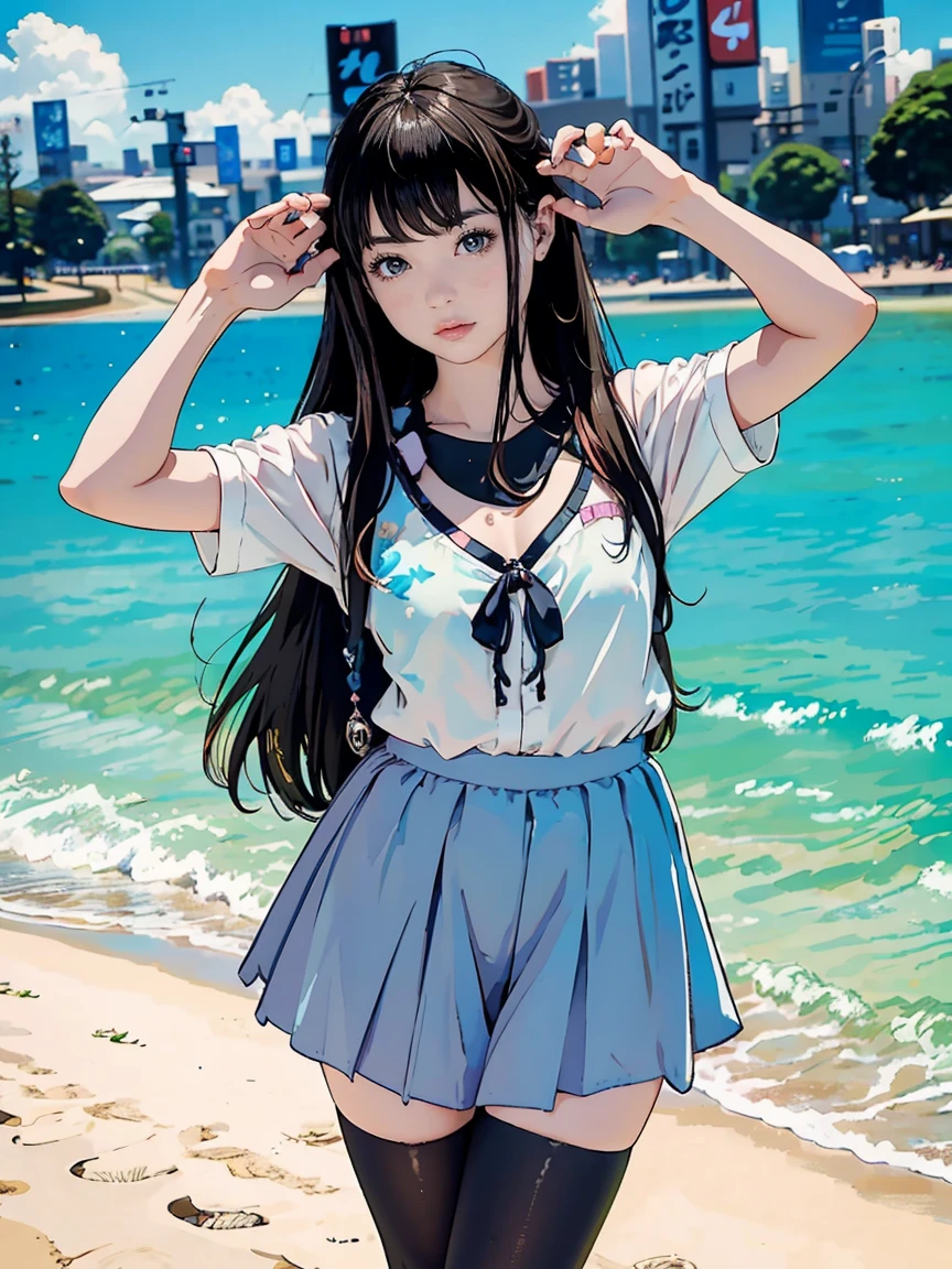 ((((highest quality))))、(((Ultra-precision CG16K wallpaper)))、(((masterpiece)))、(((Super detailed)))、(((Extreme detail)))、((1Mature 29 year old woman:1.6))、((Very beautiful Japanese faces))、((Zuo々Nozomi:1.5))、((Straight semi-long hair、blunt bangs:1.5))、(Shiny brown hair)、Beautiful Eyes、Clearly defined pupils、eyeliner、Eyeshadow、High nose、Small nostrils、Small Mouth、Seductive lips、Beautiful breasts、((C cup size breasts))、Cleavage、Beautiful feet、eight-headed body、Perfect proportions、Perfect Anatomy、Perfect composition、Beautiful detailed shading、Beautiful, natural lighting、Beautiful detail glow、Depth of written boundary、(((High chroma)))、(((Real:1.9)))、((vivid:1.5))、((Beautiful Skin))、((Skin Texture))、((Realな皮膚感))、(((Cowboy Shot:1.6)))、((Front view、shoot from front、Front low angle:1.6))、(((smile:1.3)))、((The woman is looking at this、looking at viewer、Facing forward:1.6))、Bright daylight、Natural light、(((Ocean、Wave、blue sky、cloud:1.3)))、(Fashion model pose:1.6)、(((Pink high school girl wearing sailor uniform、Pleated mini skirt clothing:1.6)))、((hair band、Earrings、Wearing a necklace:1.3))、(((女性はOceanの中に入っている:1.6)))、