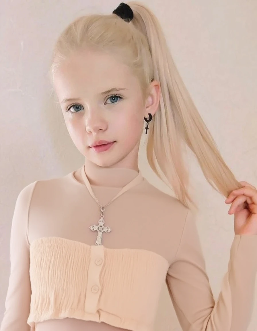 10 years old girl, golden eyes, platinum hair girl BLACK WITH BRAIDS, pearl brooch in hair, BLACK BACKGROUND.