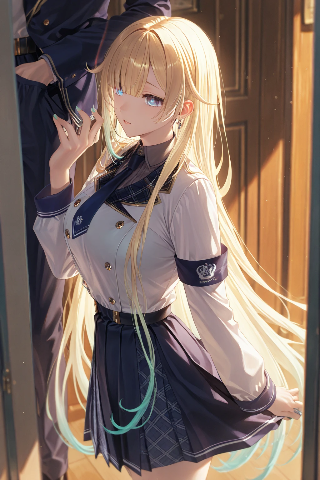 golden hair、(gold eye degree:1.5)、one side up、ヘアribbon、ribbon、length、break the blazer、blue skirt、pleated skirt、school uniform、summer clothes、break (masterpiece:1.2)、highest quality、High resolution、unity 8k wallpaper、(enlightenment:0.8)、(beautiful and fine eyes:1.6)、highly detailed face、perfect lighting、Detailed CG、 (perfect hands、perfect anatomy)、look at the audience、blush、laughter、take a selfie in front of the mirror、standing front of mirror、I have a smartphone in one hand、 (exterior々patterned panties:1.3)、(skirt that rolls up:1.3)、(fully exposed panties:1.5),(please show me your butt:1.3)