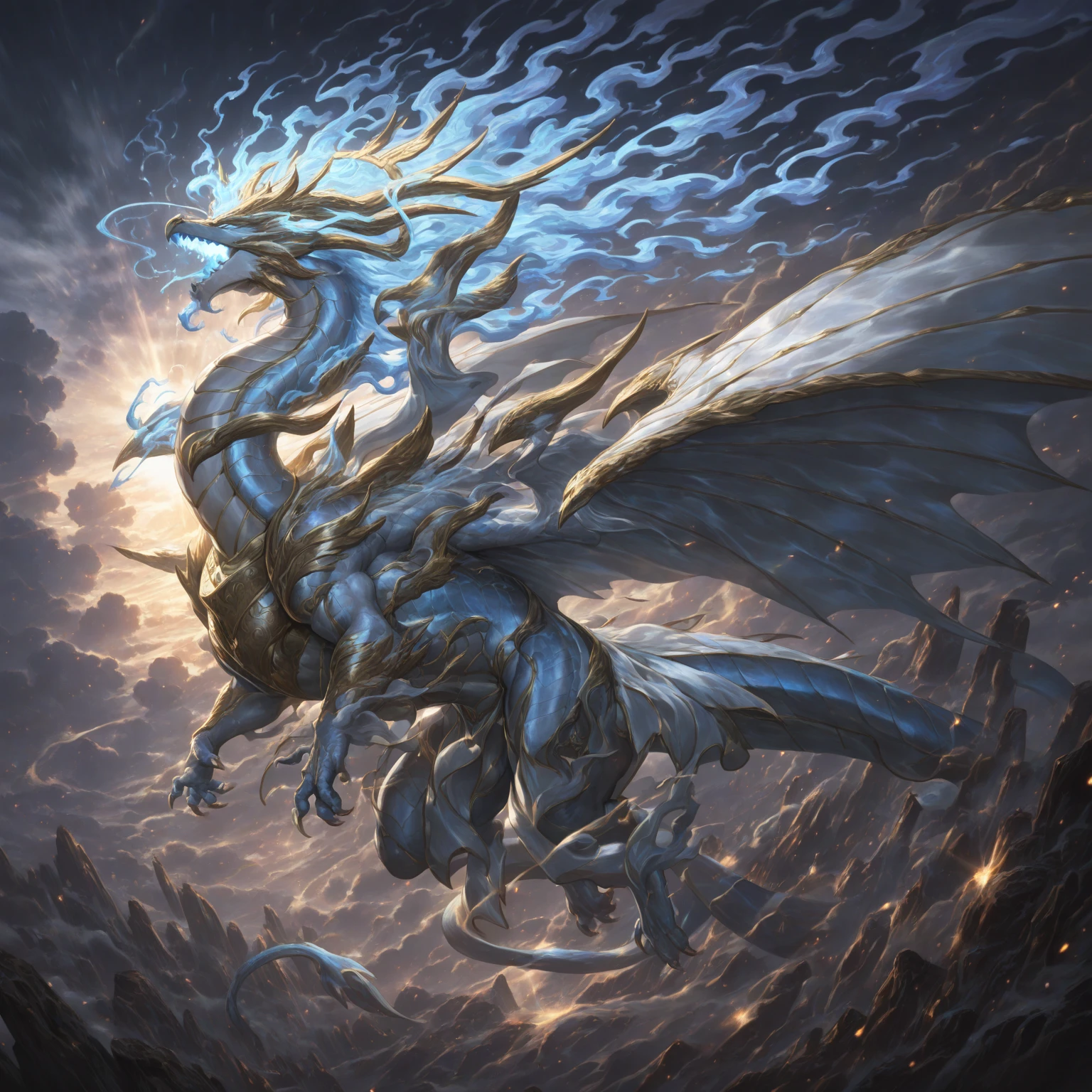 (Legendary White dragon), Crane, (A Divine Dragon), Dynamic Body Type, Dragon Monster, Handsome, Splashed Ink, ((Full Body)), ((2D)), glowing wings, Delicate Silhouette, Fantasy Art, (Black and Yellow Antique Brocade Hanfu), FOV, (Masterpiece), Front Shot, Side Portrait, White Background, (Movie Poster), Sharp, Splash, Petals, Empty, Sky, (Wide Angle Lens), Vista, highly detailed, shadowverse style