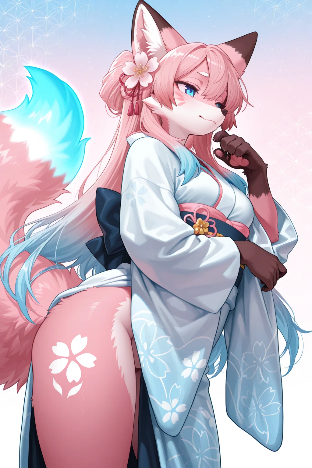 Furry, furry kemono, fox female furry, big nipple, chubby, pink coloured hair, light blue coloured body fur, gold coloured tail, fluffy light blue coloured ear, fluffy gold, pink and light blue coloured big tail, light blue and gold kimono with flower pattern, laying on bed
