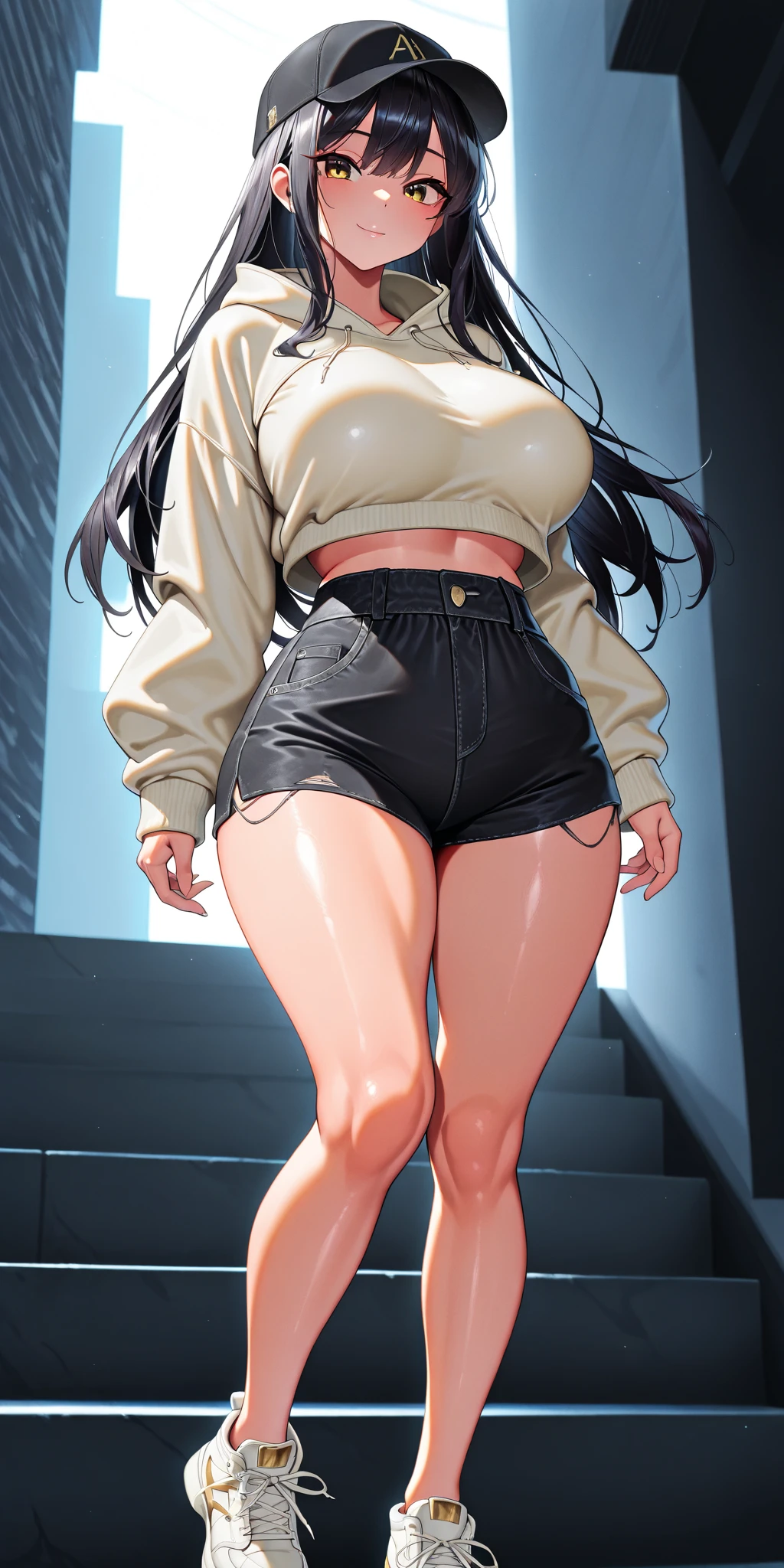 Woman, Robust, extra-long floor-to-ceiling long hair, extra-long hair, abs, thick legs, giant breasts, giant buttocks, sexy, character realism, realism. exaggerated body proportions, ((high)), huge, huge, huge, excited, huge, towering, full-body, straddling pose, thick thighs, wide hips, looking down, digital painting, little man standing between her feet, bedroom, interior, (perfect hands: 1.5)