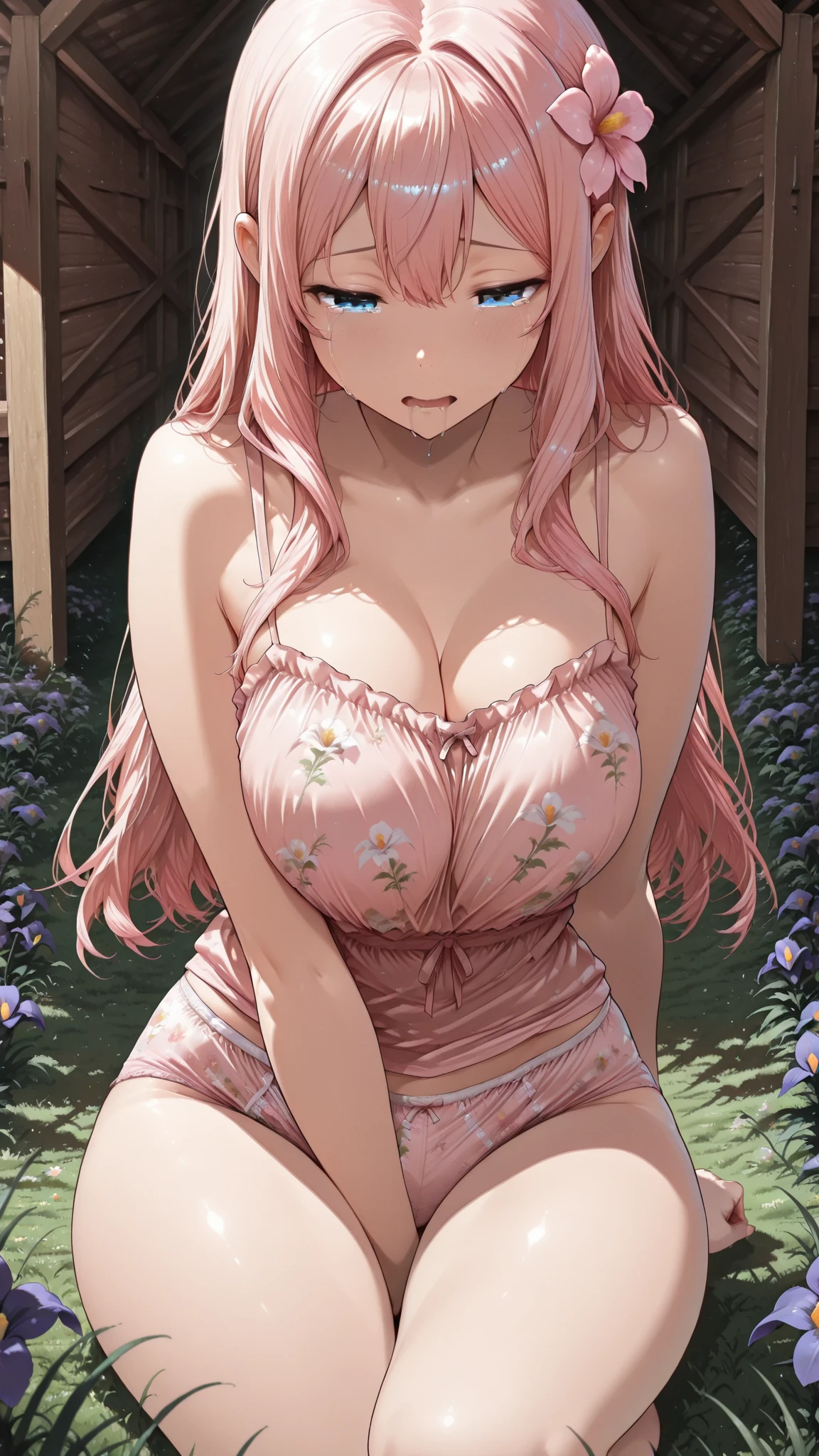 masterpiece, best quality, highres, 1girl, bbnodoka, red ribbon, large breasts, collarbone, cleavage, sleeveless, nightgown, underboob, navel, <lora:haramura_nodoka_v1:0.7>, garden, standing, cowboy shot,