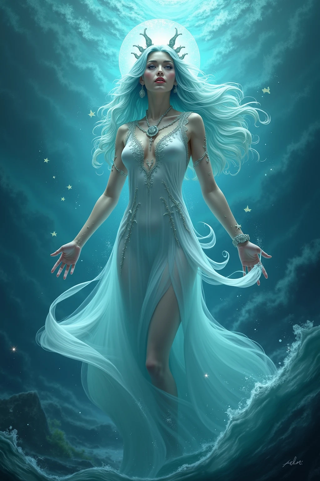 Young woman in a glowing dress is standing on the beach, flowing magical robe, lady with glowing flowers dress, luminous dress, light dress, blue swirling dress, glow wave, dress made of neon light, glowing flowing hair, magical dress, flowing robes, glowing with magic, luminescent fabrics, glowing oil, rippling fabric of reality, glowing liquid
