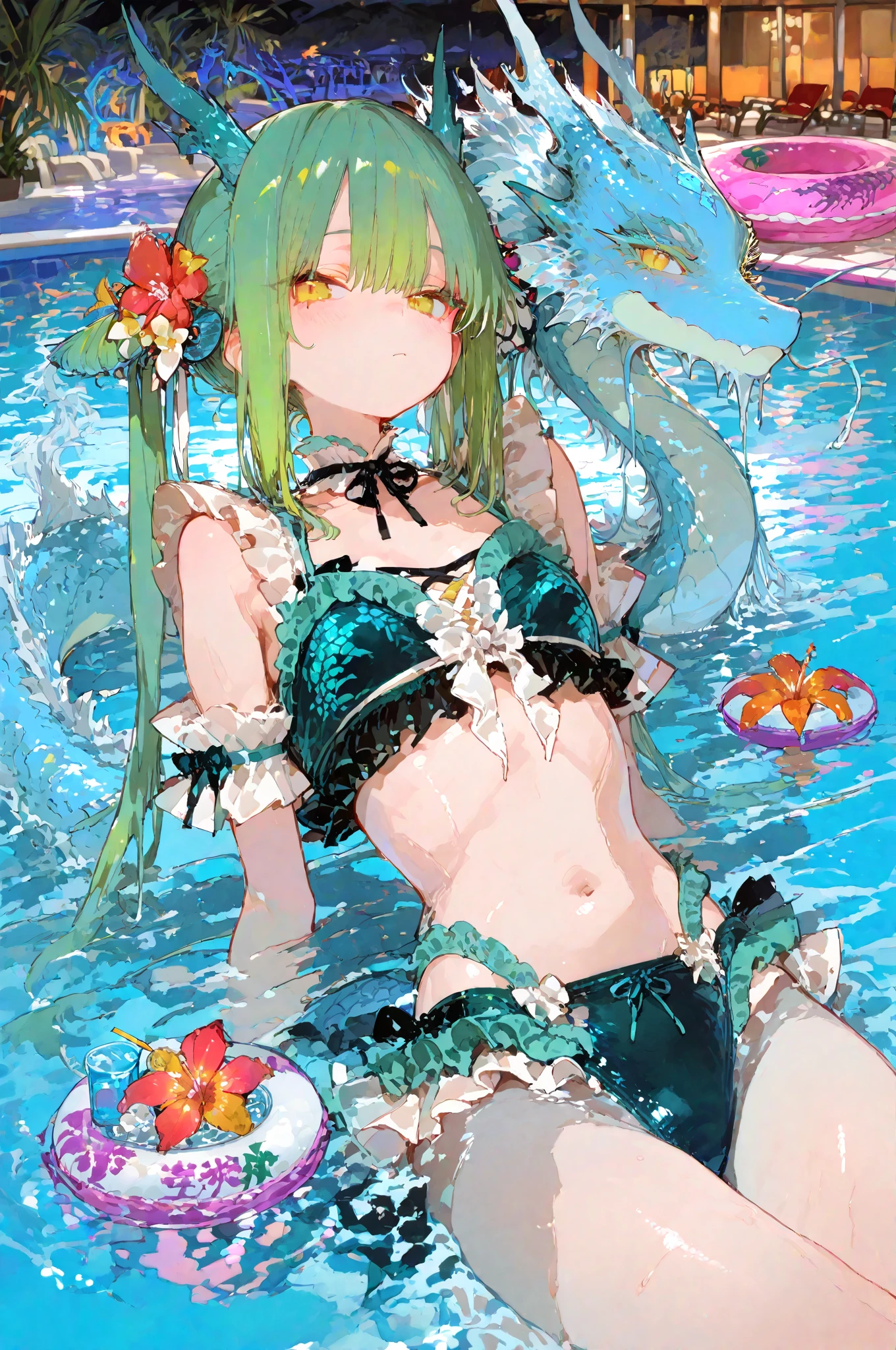beautiful illustrations, highest quality, pretty girl, seaside、 pastel colour ,green hair, green eyes、between legs、smile、blush、hands behind、mermaid、Fish fin