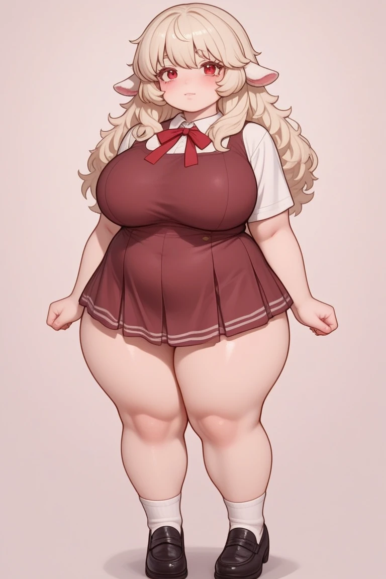 A pudgy, buxom, tall doll-like girl with rosy cheeks, brown eyes, creamy blonde hair. She has muscular, toned, realistic feet and legs. She is in a white dress with a prominent bow on her waist. Her legs are thick, fat, curvaceous, fat, meaty, voluptuous, Rubenesque and plump. She is wearing black shoes. She is wearing a pink miniskirt.