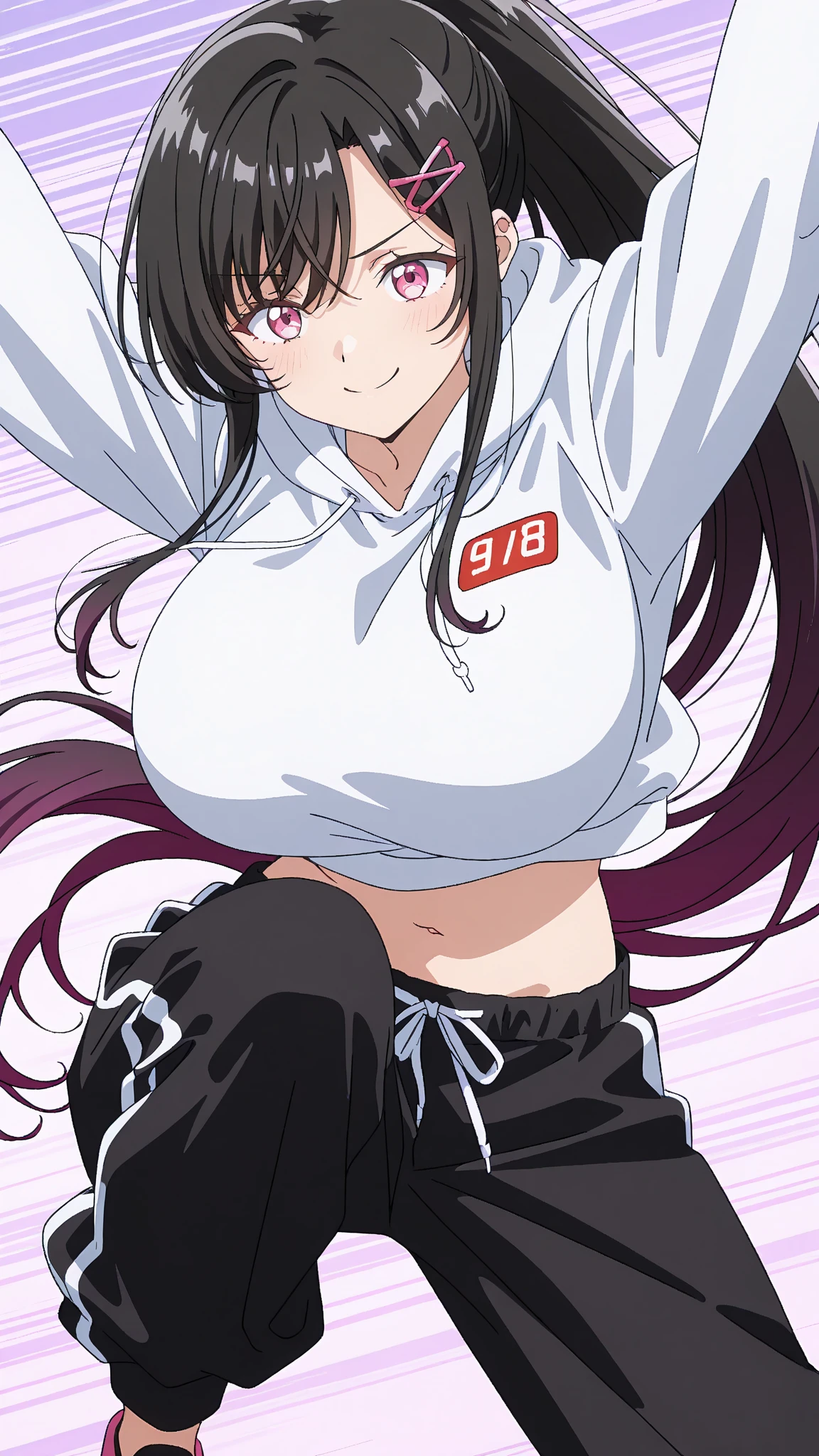 A Cute Girl, with Lush Long RedBrown Hair, Beautiful Brown Eyes, Overly Large Breasts, Thicc Thighs, Wide Hips, wearing a Black Shirt, and Grey Gym Pants, Pink Tennis-shoes, Inside a Modern House, pretty Smile, 