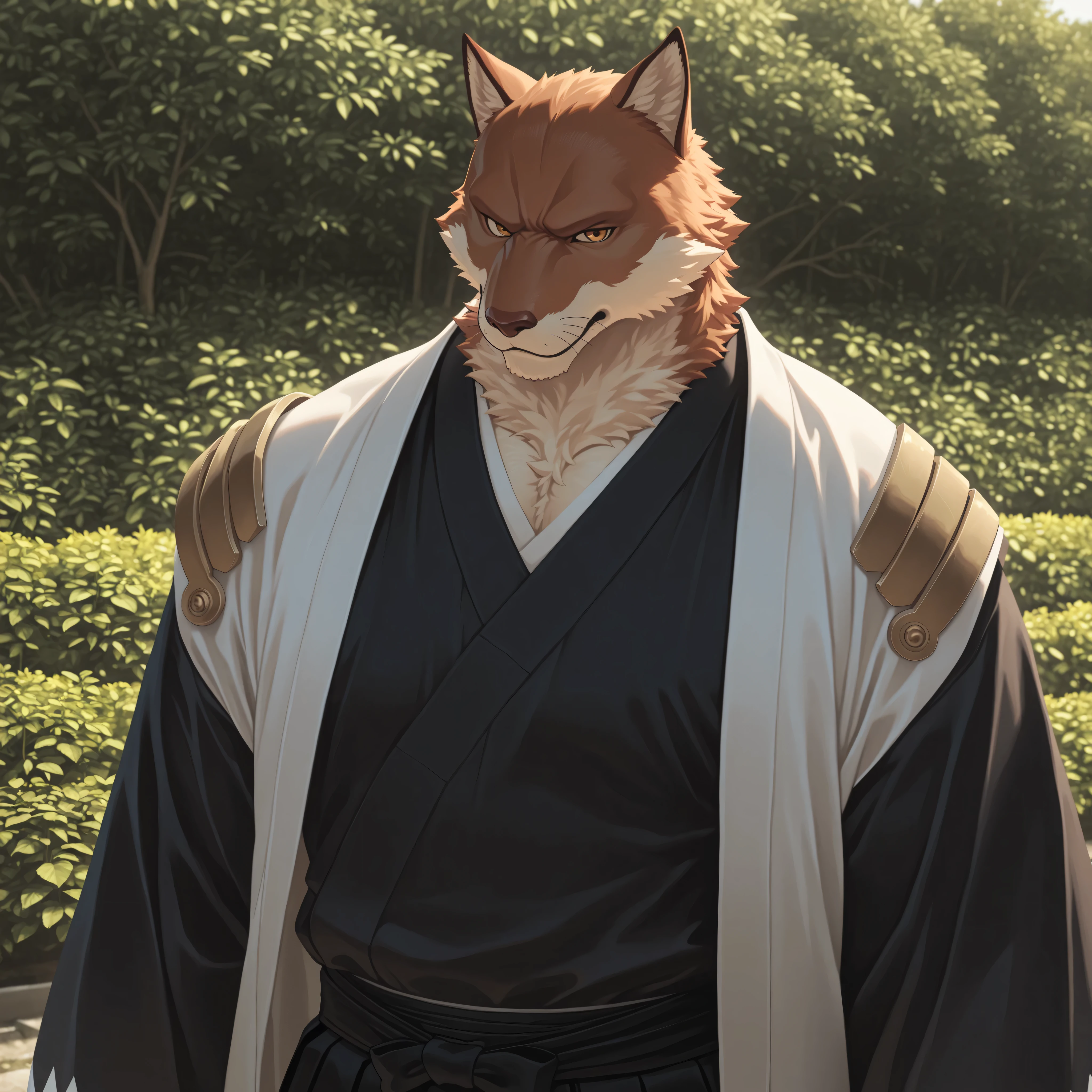 masterpiece, best quality, amazing quality, 1boy, solo,​ Sajin Komamura,muscular, calm, standing, bara,close up, upper body, black Kimono, black hakama, haori,armour, japan exotic, garden background​, 