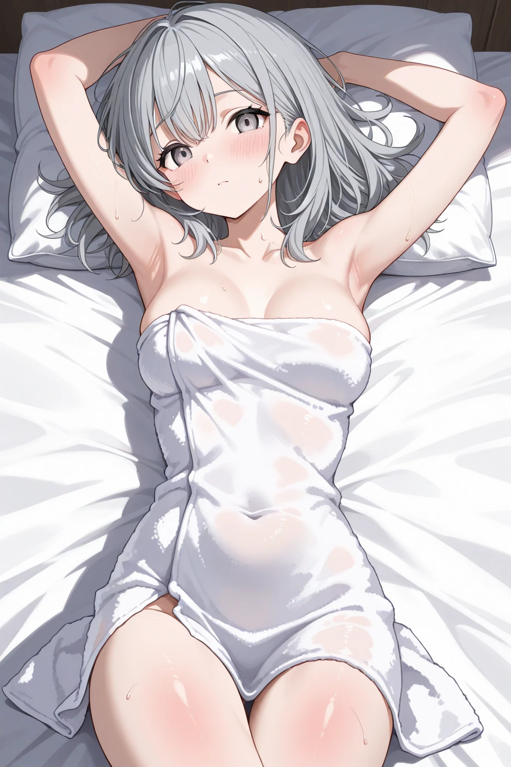 (Highest quality、Masterpiece、Very detailed、4K)、One Woman、17 years old、Silver Hair、short hair、(((beta)))、chest、arm、Beautiful face、((Thighs))、((Beautiful armpits))、((Sleeping in bed))